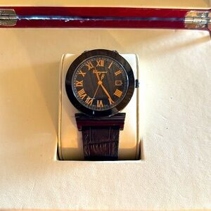 Salvatore Ferragamo “Grande Maison” watch, stainless steel, black leather band